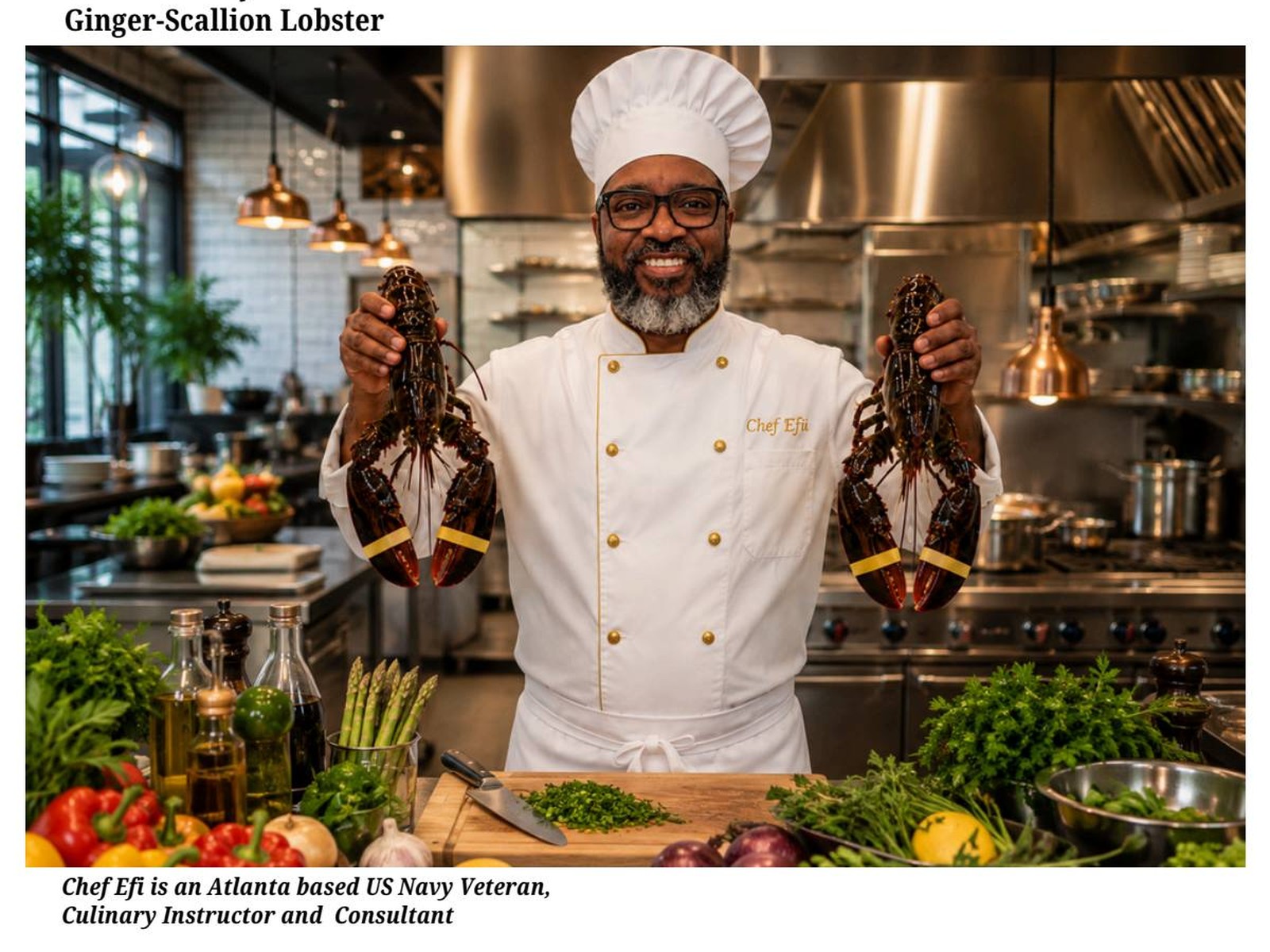 Chef Efi holding two whole lobsters in his restaurant kitchen.