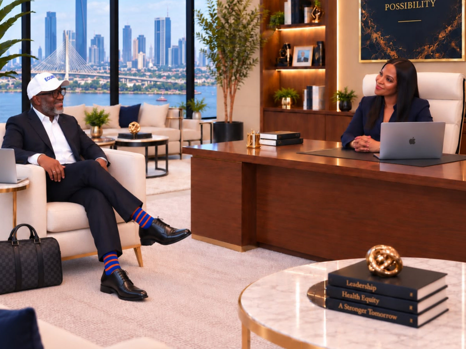 A boardroom conversation with Dr. Ola Brown of HealthCap Africa, with a city skyline behind.